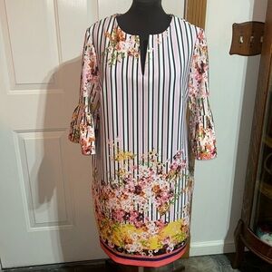 ECI New York Floral Stripe Pink Bell Sleeve Dress Size 10